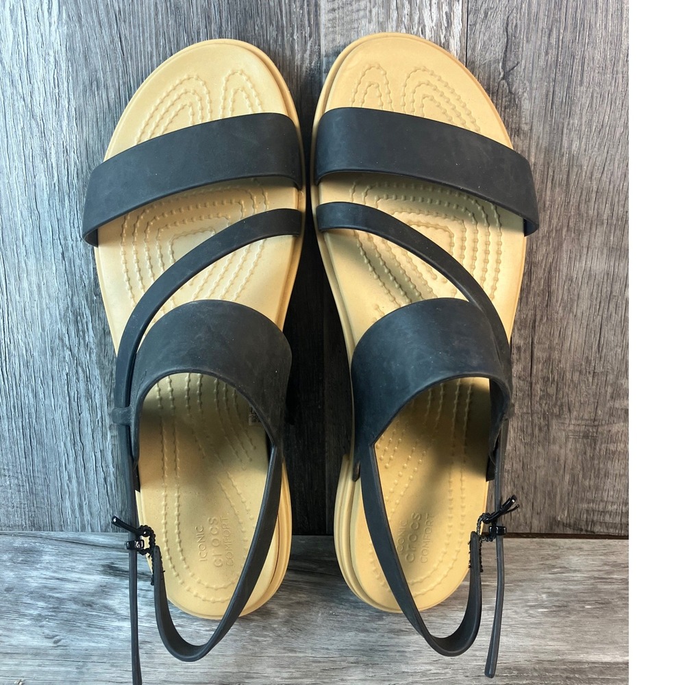 Crocs Tulum Strappy Sandals Womens 8 Black Tan Flat Buckle Ankle Strap 206107 - Picture 6 of 7